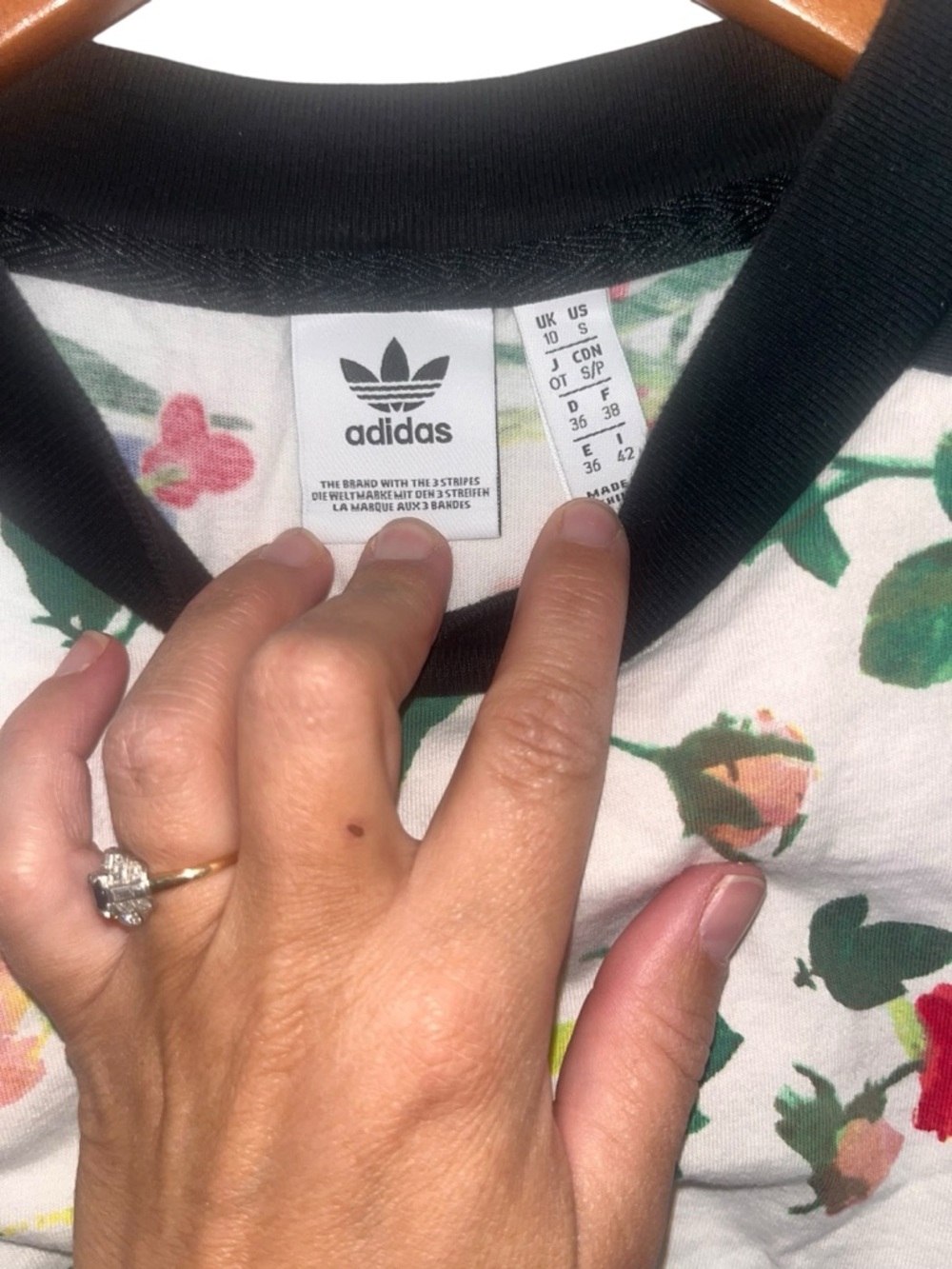 Adidas Women’s Floral Print Cropped Tee with Striped Shoulders - White/Multi - Picture 3 of 6